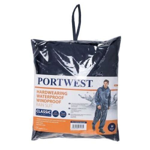 DESCRIPTION: (2) HARD WEARING WATERPROOF AND WINDPROOF RAIN SUIT BRAND/MODEL: PORTWEST #L440 INFORMATION: NAVY SIZE: LARGE RETAIL$: $26.05 EA QTY: 2