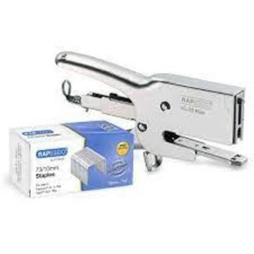DESCRIPTION: (3) HEAVY DUTY PLIER STAPLER AND BOX OF STAPLES BRAND/MODEL: RAPESCO INFORMATION: HD-73 RETAIL$: $40.00 EACH SET QTY: 3