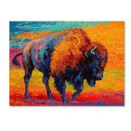 DESCRIPTION: (1) BUFFALO WALL ART PAINTING BRAND/MODEL: MARION ROSE INFORMATION: MULTI COLORED SIZE: "SPIRIT OF THE PRAIRIE" 35" X 47" RETAIL$: $125.0