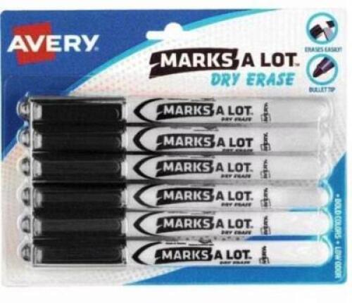DESCRIPTION: (18) PACKS OF (6) DRY ERASE MARKERS BRAND/MODEL: AVERY MARKS A LOT #24483 INFORMATION: BLACK SIZE: BULLET TIP RETAIL$: $7.48 PER 6 PACK Q