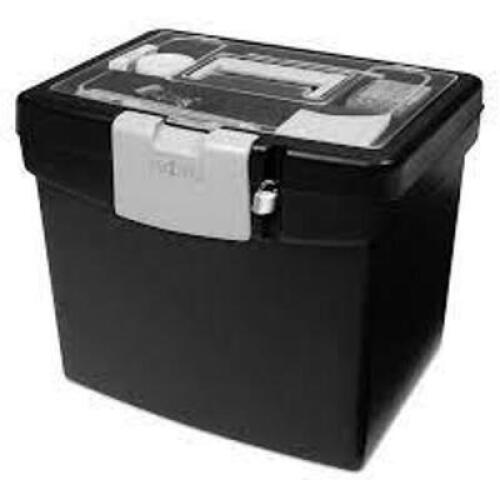 DESCRIPTION: (2) PORTABLE FILE BOX BRAND/MODEL: STOREX INFORMATION: BLACK WITH CLEAR ORGANIZER TOP SIZE: XL COMPARTMET RETAIL$: $37.39 EA QTY: 2