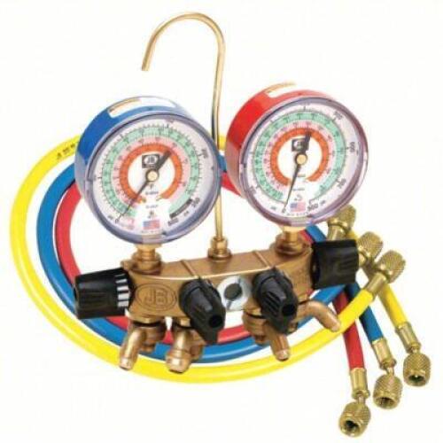 DESCRIPTION: (1) MANIFOLD GAUGE BRAND/MODEL: JB INDUSTRIES #14X854 SIZE: 4 VALVES, R-22/R-404A/R-410A, 4 HOSES, 0 TO 800 PSI RETAIL$: $348.99 EA QTY: