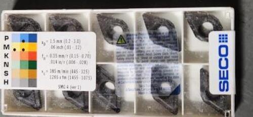DESCRIPTION: (10) DCMT433-F2 CARBIDE TURNING INSERT BRAND/MODEL: SECO DCMT150412-FM TP2500 RETAIL$: $22.70 QTY: 10