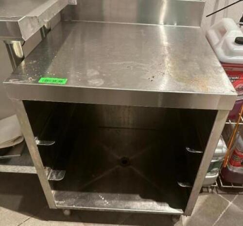 DESCRIPTION: 24" X 24" ALL STAINLESS UNDER BAR COUNTER W/ LOWER STORAGE. ADDITIONAL INFORMATION W/ 4" BACK SPLASH LOCATION: UPSTAIRS QTY: 1