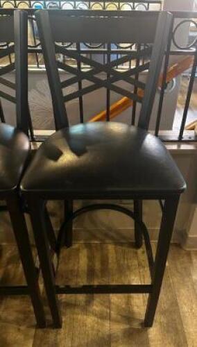 DESCRIPTION: (2) CROSS BACK 30" METAL BAR STOOL W/ BLACK CUSHION SEATS - IN GOOD CONDITION LOCATION: UPSTAIRS THIS LOT IS: SOLD BY THE PIECE QTY: 2