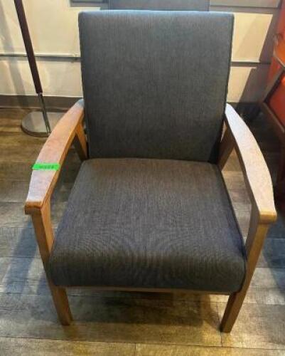 DESCRIPTION: (2) HIGH END GREY UPHOLSTERED ARM CHAIRS W/ WOODEN ARM RESTS. BRAND / MODEL: CVB INC ADDITIONAL INFORMATION IN GOOD CONDITION LOCATION: U