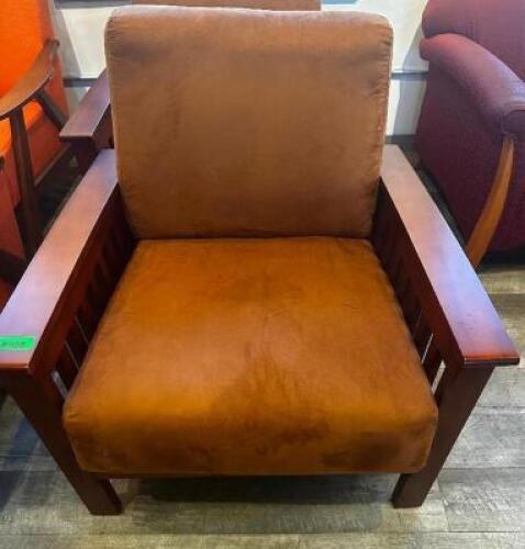 DESCRIPTION: (2) TAN UPHOLSTERED ARM CHAIRS W/ WOODEN ARM RESTS. IN GOOD CONDITION. LOCATION: UPSTAIRS THIS LOT IS: SOLD BY THE PIECE QTY: 2