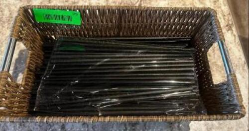 DESCRIPTION: BASKET AND CONTENTS - REUSABLE BLACK PLASTIC CHOP STICKS LOCATION: UPSTAIRS THIS LOT IS: ONE MONEY QTY: 1