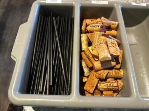 DESCRIPTION: PLASTIC CADDY W/ CONTENTS - CHOP STICKS AND CORKS LOCATION: UPSTAIRS THIS LOT IS: ONE MONEY QTY: 1