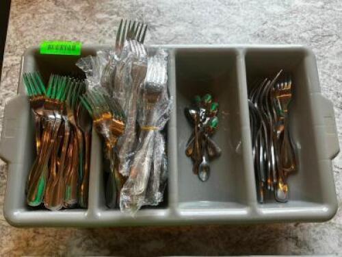 DESCRIPTION: PLASTIC CADDY W/ CONTENTS - ASSORTED STAINLESS SILVERWARE LOCATION: UPSTAIRS QTY: 1