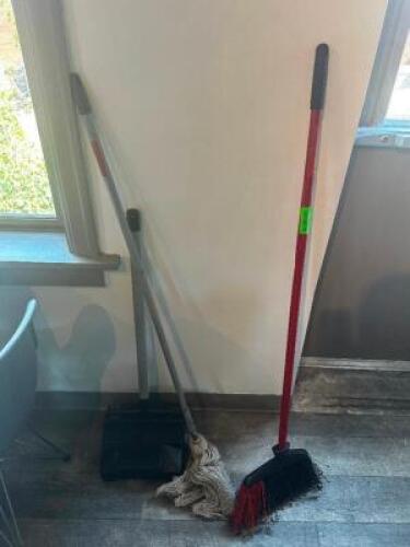 DESCRIPTION: MOP, DUST PAN, AND BROOM LOCATION: UPSTAIRS THIS LOT IS: ONE MONEY QTY: 1