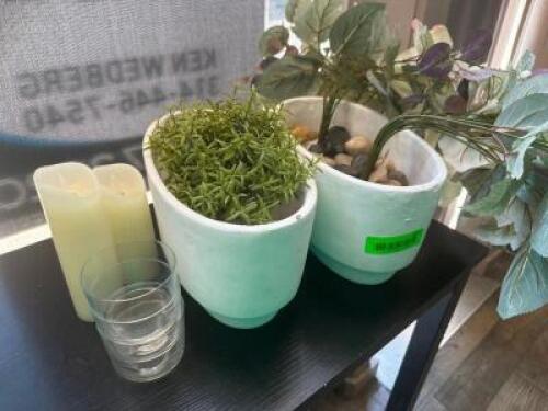 DESCRIPTION: (2) CERAMIC PLANTERS W/ FAUX ARRANGEMENTS. LOCATION: BAR / MAIN FLOOR THIS LOT IS: ONE MONEY QTY: 1