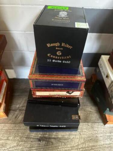 DESCRIPTION: (8) ASSORTED EMPTY CIGAR BOXES LOCATION: BAR / MAIN FLOOR THIS LOT IS: ONE MONEY QTY: 1