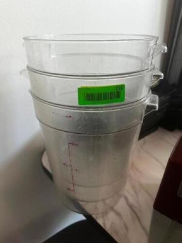 DESCRIPTION: (3) 12 QT ROUND PLASTIC CONTAINERS - NO LIDS LOCATION: MAIN FLOOR THIS LOT IS: SOLD BY THE PIECE QTY: 3