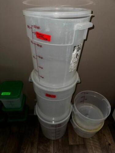 DESCRIPTION: (3) 22 QT ROUND PLASTIC CONTAINERS W/ LIDS SIZE 22 QT LOCATION: MAIN FLOOR THIS LOT IS: SOLD BY THE PIECE QTY: 3
