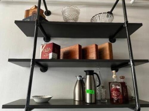 DESCRIPTION: CONTENTS OF SHELF - ASSORTED DECORATIONS, CIGAR BOXES AND MISC., LOCATION: BAR / MAIN FLOOR THIS LOT IS: ONE MONEY QTY: 1
