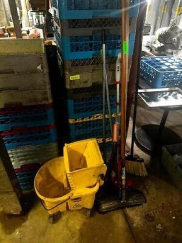 DESCRIPTION: MOP BUCKET AND ASSORTED CLEANING SUPPLIES LOCATION: BASEMENT THIS LOT IS: ONE MONEY QTY: 1