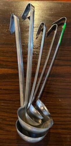 DESCRIPTION: (5) ASSORTED SIZED LADLES SIZE: SEE PHOTOS LOCATION: MAIN DINING QTY: 5