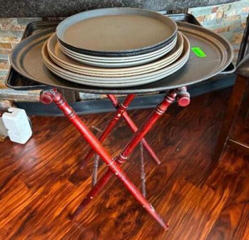 DESCRIPTION: TRAY STAND WITH ASSORTED SERVING TRAYS LOCATION: MAIN DINING QTY: 1