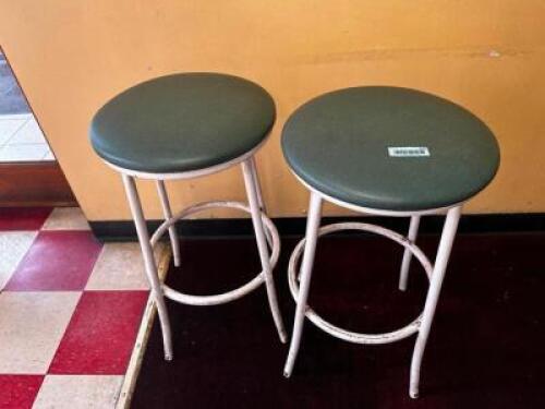 DESCRIPTION: (2) 30" METAL BAR STOOLS W/ GREEN CUSHION SEATS LOCATION: FRONT THIS LOT IS: SOLD BY THE PIECE QTY: 2