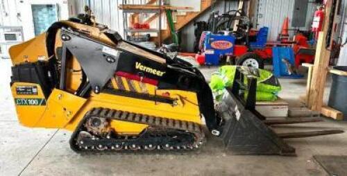 DESCRIPTION: MINI SKID STEER BRAND/MODEL: VERMEER CTX 100 INFORMATION: 342.6 HOURS, RUNS GOOD, COMES WITH BUCKET AND PALLET FORKS LOCATION: SHED QTY: