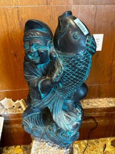 30" CHINESE MAN WITH CARP STONE WATER FEATURE.