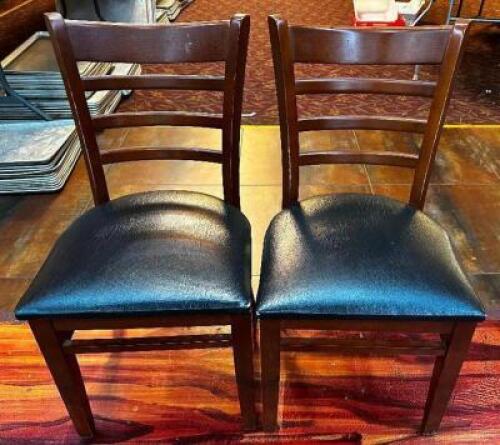 (8) LADDER BACK WOOD CHAIRS W/ BLACK SEAT CUSHIONS