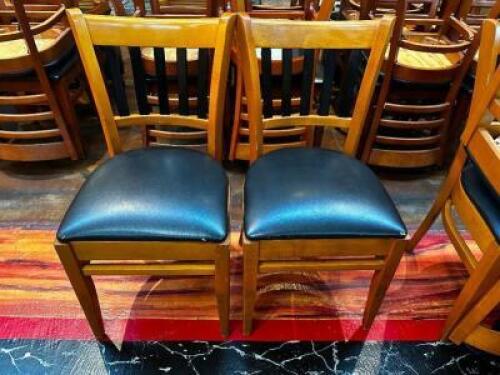 (8) BAR BACK WOOD CHAIRS W/ BLACK SEAT CUSHIONS