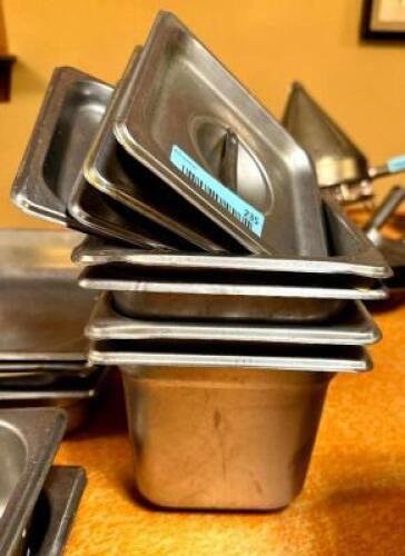 (4) 1/6 SIZE STAINLESS INSERTS W/ LIDS