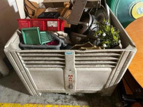 HEAVY DUTY PLASTIC GAYLORD AND CONTENTS - MISC. SMALL WARES AND DECOR - DAMAGED
