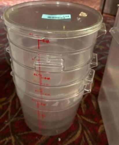DESCRIPTION: (4) 6 QT PLASTIC CONTAINERS W/ (1) LID LOCATION: MAIN SEATING THIS LOT IS: ONE MONEY QTY: 1