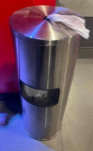 (2) STAINLESS TRASH CANS W/ TOP CENTER PULL TOWEL DISPENSERS.