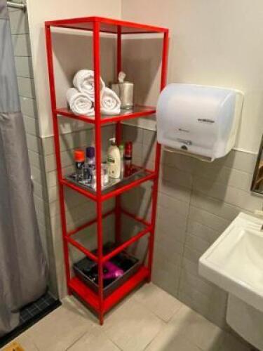 (4) 24" X 12" X 72" RED METAL SHELVES W/ GLASS INSERTS