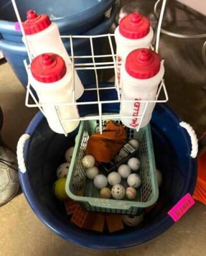 WATER BOTTLES, AND TUB WITH ASSORTED BALLS AS SHOWN