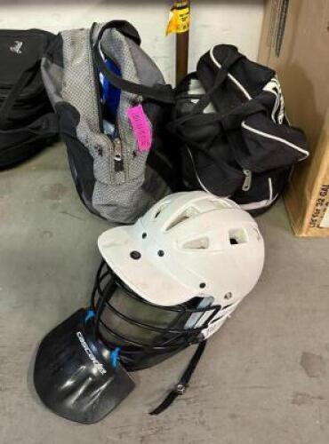 LACROSS HELMET AND ASSORTED BALL BAGS WITH CONTENTS