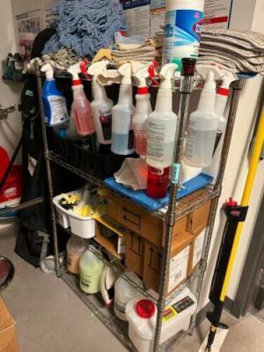 48" X 12" THREE TIER WIRE SHELF WITH CONTENTS - ASSORTED CLEANING SUPPLIES