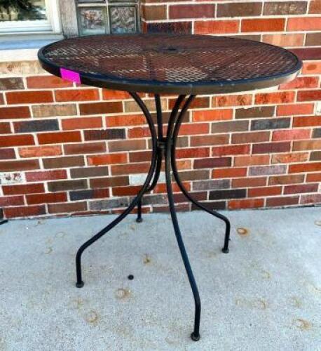 DESCRIPTION: WROUGHT IRON BAR HEIGHT TABLE INFORMATION: TABLE ONLY, NO CHAIRS SIZE: 32" LOCATION: FRONT PATIO QTY: 1