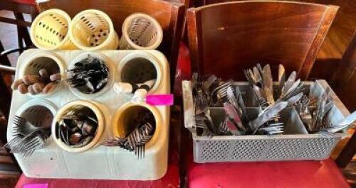 DESCRIPTION: LARGE ASSORTMENT OF FLATWARE AND CONTAINERS AS SHOWN LOCATION: MAIN DINING QTY: 1