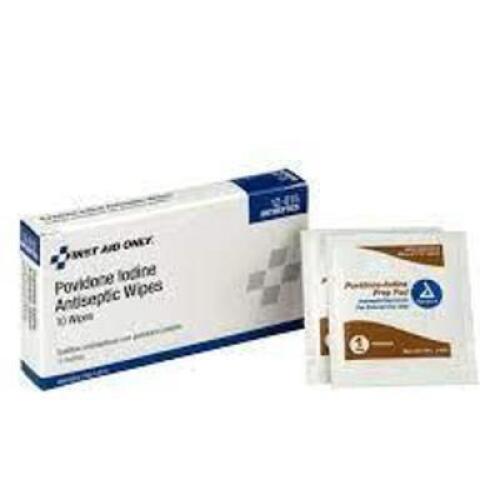 DESCRIPTION: (10) BOXES OF (10) POVIDONE-IODINE ANTISEPTIC PADS BRAND/MODEL: FIRST AID ONLY SIZE: 10% SOLUTION RETAIL$: $2.31 EA QTY: 10