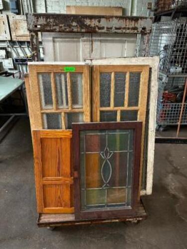 ROLLING CART AND CONTENTS - ASSORTED VINTAGE DOORS AND (1) - STAINED GLASS WINDOW