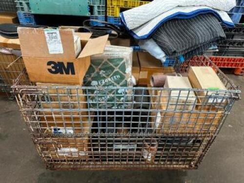 BIN AND CONTENTS - LARGE ASSORTMENT OF WOOD FLOOR 3M SANDING PAPER AND BELTS