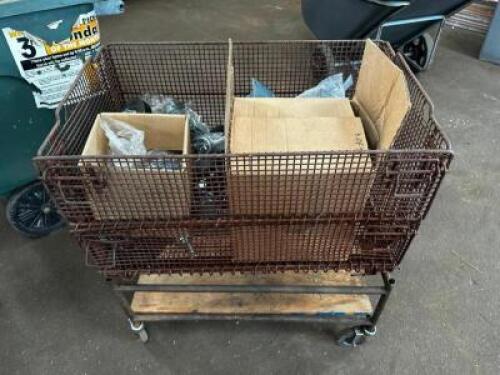 WIRE BIN AND CONTENTS - ASSORTED CASTERS AND HARDWARE.