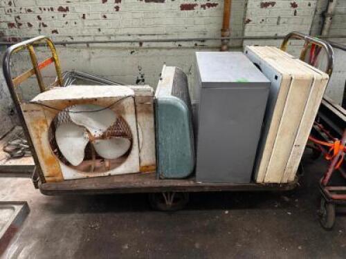 CONTENTS OF CART - (5) ASSORTED HEAVY DUTY VINTAGE WINDOW FANS