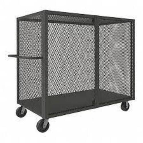DESCRIPTION: (1) DUAL-LATCH WELDED MESH SECURITY CART WITH ADJUSTABLE SHELVES BRAND/MODEL: DURHAM MFG INFORMATION: GRAY SIZE: HEIGHT: 56 �� WIDTH: 71�