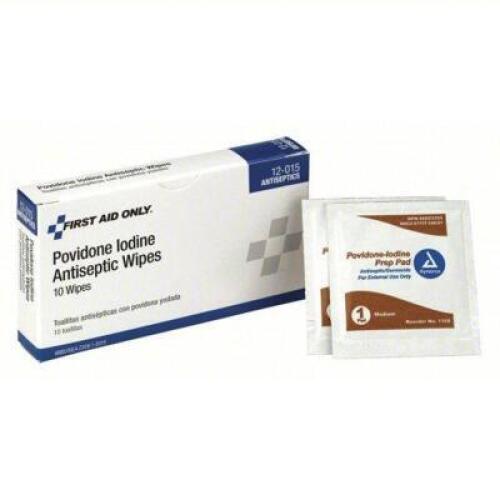 DESCRIPTION: (10) POVIDONE-IODINE BRAND/MODEL: FIRST AID ONLY SIZE: 10 PADS PER BOX RETAIL$: $2.31 EA QTY: 10