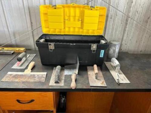 TOOL BOX AND CONTENTS - ASSORTED DRYWALL TROWELS
