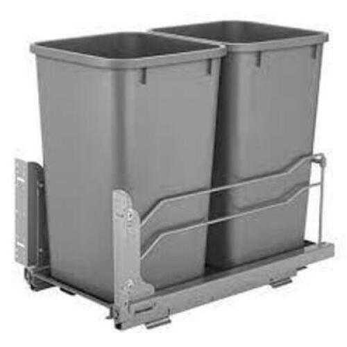 DESCRIPTION: (1) KITCHEN BASE CABINET TRASH CAN KIT BRAND/MODEL: REV-A-SHELF #53WC-1527SCDM-217 INFORMATION: GRAY TRASH CANS SIZE: 27 QUART RETAIL$: $