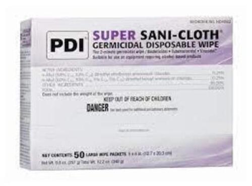 DESCRIPTION: (6) GERMICIDAL DISPOSABLE WIPE BRAND/MODEL: SUPER SANI-CLOTH RETAIL$: $16.31 EA QTY: 6