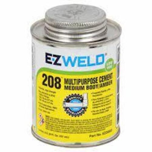 DESCRIPTION: (6) AMBER SOLVENT CEMENT BRAND/MODEL: EZ WELD 208 #5E533 INFORMATION: MULTIPURPOSE SIZE: 1/2 PT RETAIL$: $8.40 EA QTY: 6