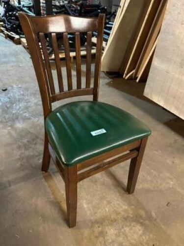 (4) LADDER BACK WOOD CHAIRS W/ GREEN VINYL SEAT CUSHIONS